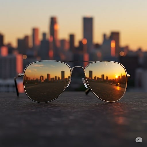 A pair of sunglasses reflecting a vibrant city skyline in the lenses, showcasing urban architecture and blue sky.