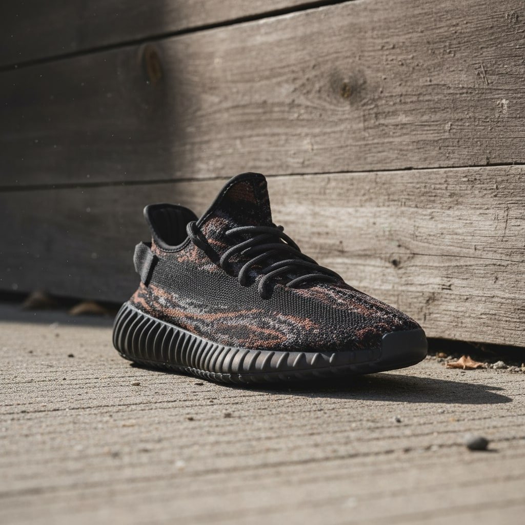 Adidas Yeezy Boost 350 V2 sneakers resting on the ground, showcasing their distinctive design and colorway.