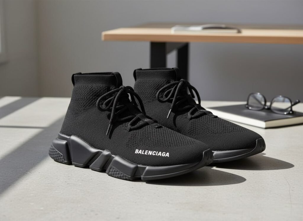  Black mesh Balenciaga Speed Trainer sneakers, known for their luxury and exceptional comfort.