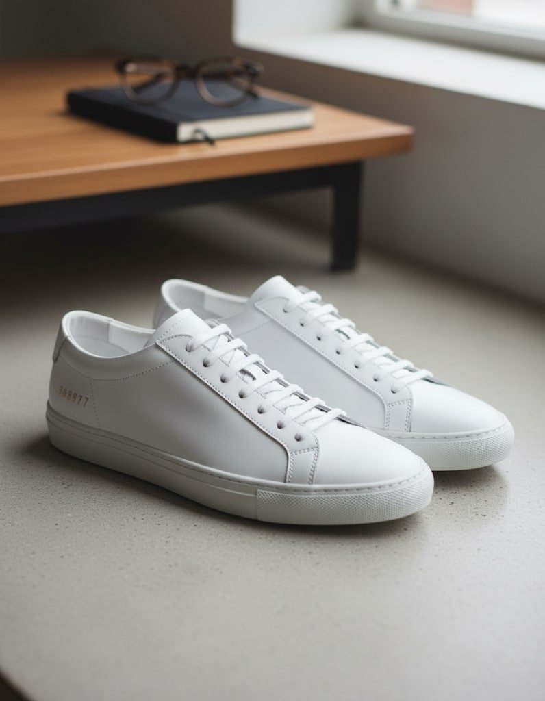 A pair of white Common Projects Achilles Low sneakers displayed on a table.