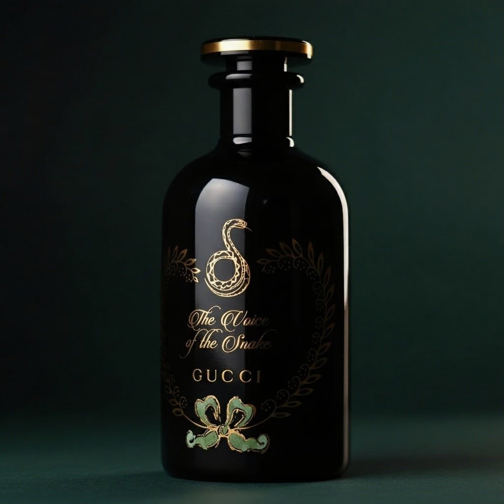 A bottle of Gucci The Alchemist’s Garden—Voice of the Snake Eau de Parfum displayed on a wooden table.