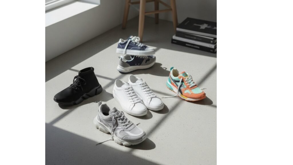 A variety of comfortable designer sneakers arranged on a floor, with sunlight streaming through a window in the background.