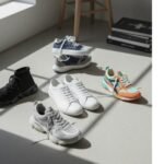 A variety of comfortable designer sneakers arranged on a floor, with sunlight streaming through a window in the background.