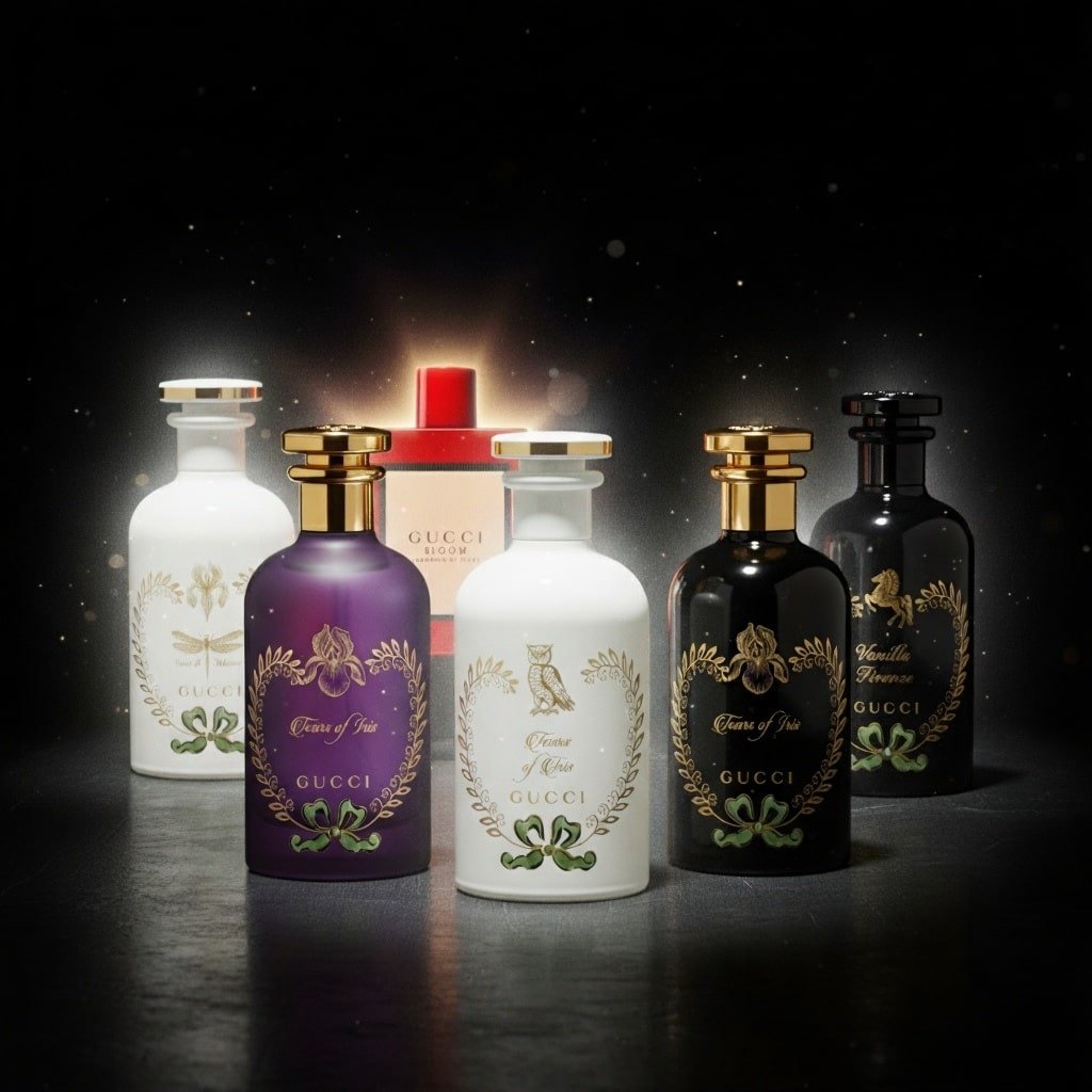 A lineup of exquisite Gucci perfume bottles, highlighting their sophisticated shapes and luxurious appeal.